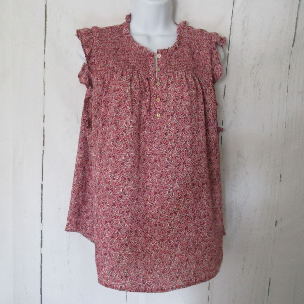 Ann Taylor Loft Top XL X Large Pink Floral Ruffle Sleeve Boho Peasant Cottage